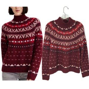 American Eagle Wool Blend Sweater Fair Isle Mock Burgundy Multicolor Women S